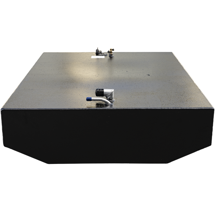 Black aluminum fuel tank designed for the 2001 Grady-White 265 Express OEM replacement kit. The topside features a capped blue-handled shutoff valve at the front left, a sensor unit with wiring harness near the center, and dual brass return fittings at the rear. A white compliance label provides certification for .190″ 5052-H32 construction and a 9 psi pressure rating per CFR regulations. Component placement supports straightforward fuel line and electrical integration in alignment with OEM standards