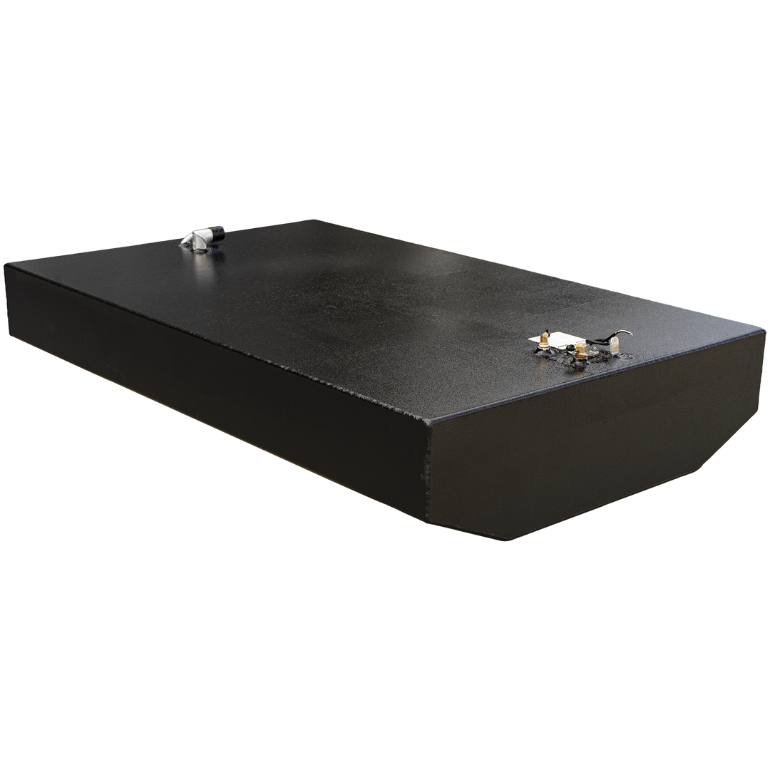 Aluminum fuel tank designed for the 2001 Grady-White 265 Express, shown with a matte black finish on a transparent background for visual clarity. Top-mounted features include a capped blue-handled shutoff valve near the front left corner and a centrally positioned sensor unit with attached wiring. The flat top geometry and clear component layout support accurate routing, OEM alignment, and installation planning