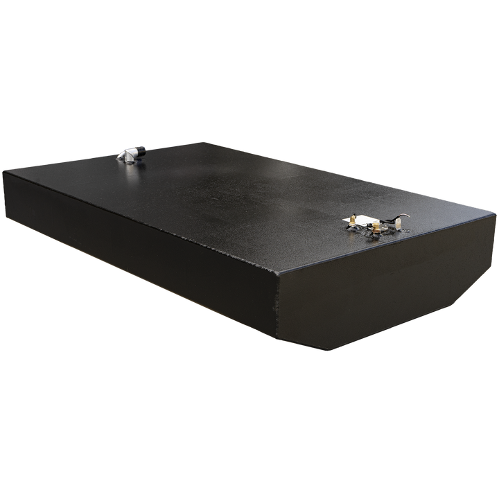 Aluminum fuel tank designed for the 2001 Grady-White 265 Express, shown with a matte black finish on a transparent background for visual clarity. Top-mounted features include a capped blue-handled shutoff valve near the front left corner and a centrally positioned sensor unit with attached wiring. The flat top geometry and clear component layout support accurate routing, OEM alignment, and installation planning