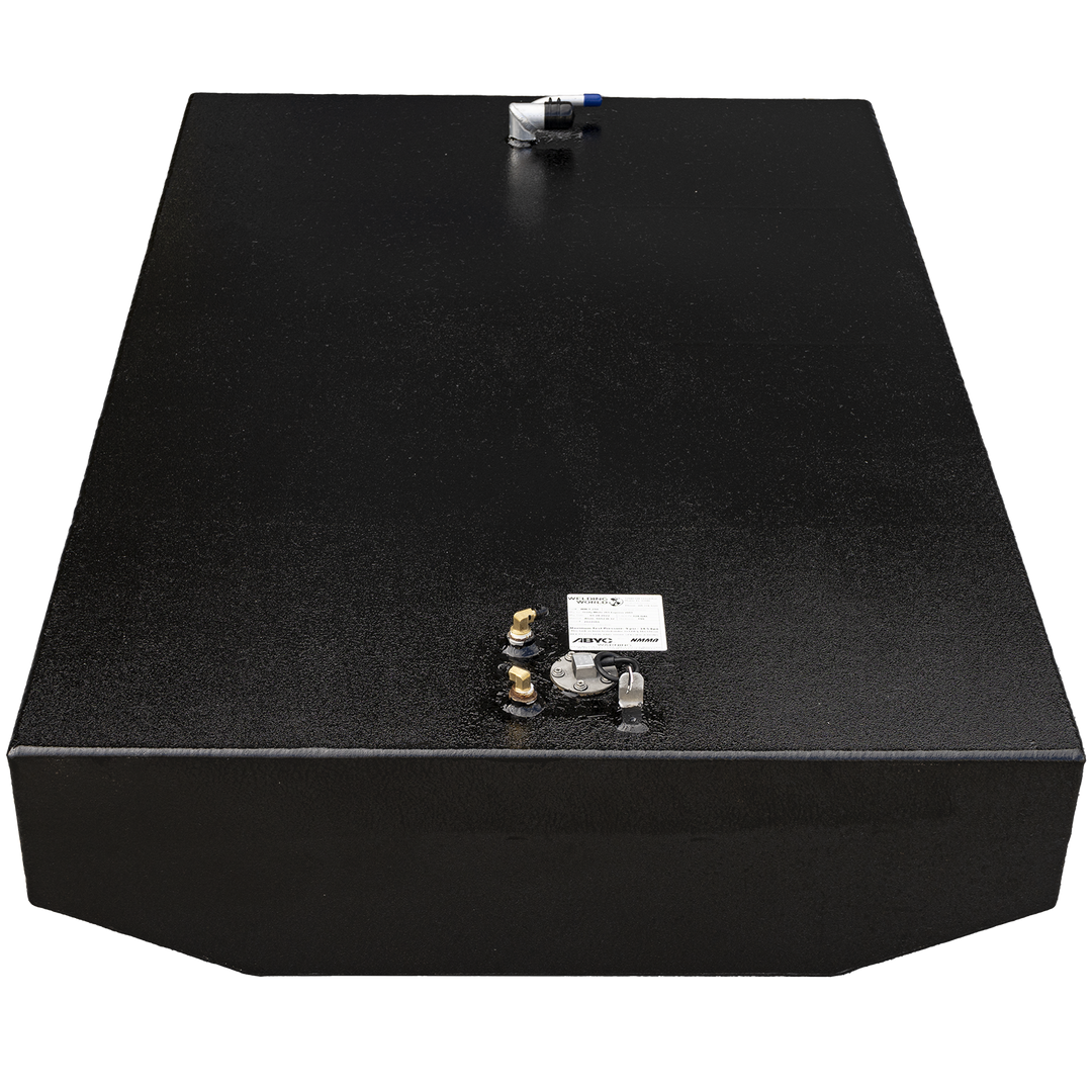 Matte black aluminum fuel tank configured for the 2001 Grady-White 265 Express OEM replacement kit. Top-mounted features include dual brass return fittings, a central sender unit with wire loop, and a capped valve with blue tip near the front edge. A visible white label marked “FUEL TANK ABYC NMMA” confirms compliance with marine safety and manufacturing standards. Layout supports OEM-aligned hose routing, sensor integration, and system inspection accessibility