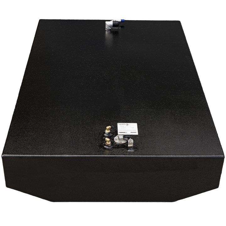 Matte black aluminum fuel tank configured for the 2001 Grady-White 265 Express OEM replacement kit. Top-mounted features include dual brass return fittings, a central sender unit with wire loop, and a capped valve with blue tip near the front edge. A visible white label marked “FUEL TANK ABYC NMMA” confirms compliance with marine safety and manufacturing standards. Layout supports OEM-aligned hose routing, sensor integration, and system inspection accessibility