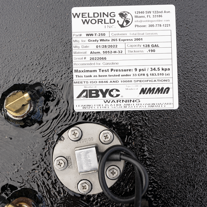 Certification label for the 128-gallon aluminum aft fuel tank used in the 2001 Grady-White 265 Express OEM replacement kit. Manufactured by Welding World Inc. (Part #WW-T-250, Serial #2022066), this tank is fabricated from .190″ 5052-H32 marine-grade aluminum and certified for gasoline containment. It meets ISO 8846 and 10088 standards and complies with 33 CFR § 183.510(a), pressure-tested to 9 psi. Label notes build date of 01/28/2022 and highlights safety protocols including annual inspection guidance 
