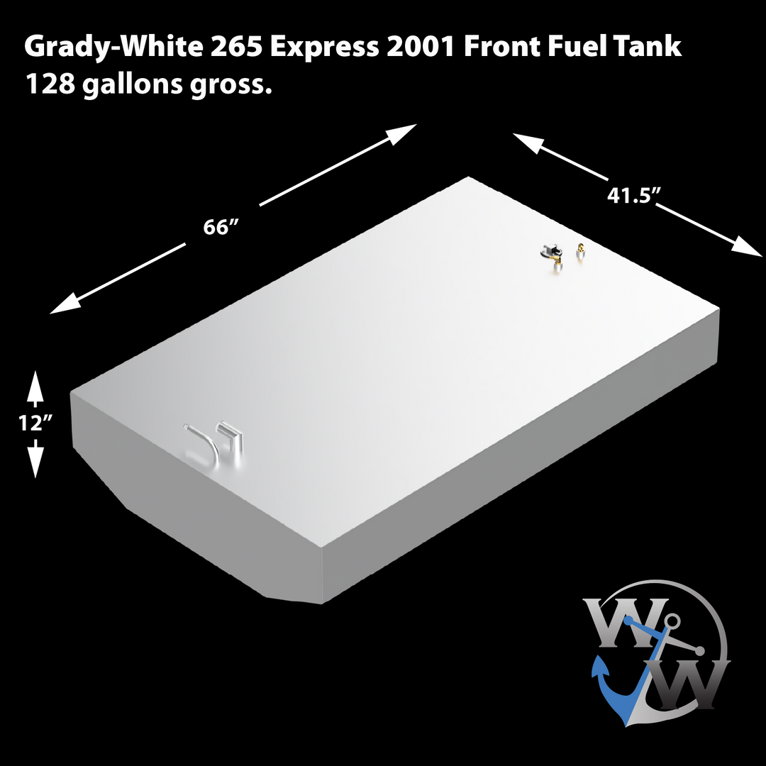128-gallon gross capacity aluminum fuel tank designed for the 2001 Grady-White 265 Express, serving as the forward unit in a tandem combo kit. Dimensions are clearly marked: 66″ in length, 41.5″ in width, and 12″ in height. Flat top surface includes visible fittings positioned for factory-style integration with existing fuel lines and sender hardware. Diagram supports precision cavity matching, system layout planning, and installation documentation
