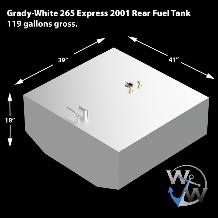 119-gallon gross capacity aluminum fuel tank built for the 2001 Grady-White 265 Express, serving as the aft unit in the tandem OEM replacement combo kit. Tank dimensions are 41″ (L) × 39″ (W) × 18″ (H), shown with top-mounted hardware for fuel delivery, return, and sender integration. Flat surface and marked ports enable straightforward installation, while visual consistency with the forward tank ensures balanced cavity alignment and compliant system upgrade