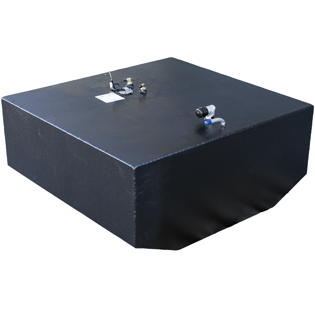 119-gallon aluminum aft fuel tank designed for the 2001 Grady-White 265 Express, presented with a black matte finish and rectangular geometry. Top-mounted features include a capped blue-handled shutoff valve, a sensor unit with wiring harness, and dual-threaded brass fittings. An affixed compliance label confirms marine-grade 5052-H32 construction, .190″ wall thickness, and regulatory certifications. Layout ensures compatibility with OEM hose routing and electronic monitoring systems