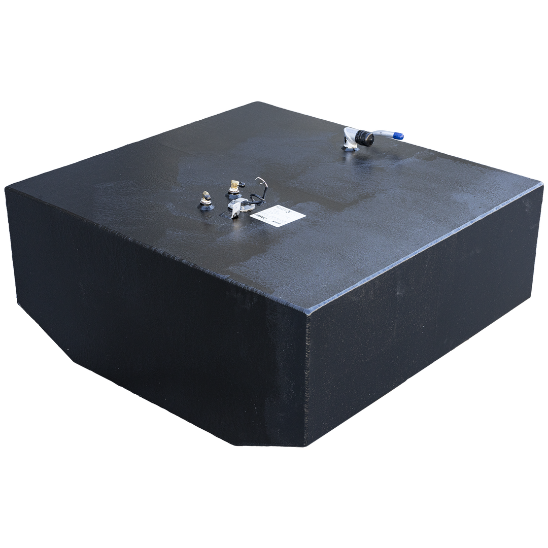 119-gallon aluminum aft fuel tank for the 2001 Grady-White 265 Express OEM replacement kit, featuring a matte black exterior and flat top panel. Topside hardware includes a blue-handled shutoff valve, two rear brass fittings, and a wiring harness looped from an installed level sender. The affixed compliance label at center confirms .190″ 5052-H32 construction, ISO 8846 and ISO 10088 certification, and 9 psi test pressure rating per 33 CFR § 183.510(a)