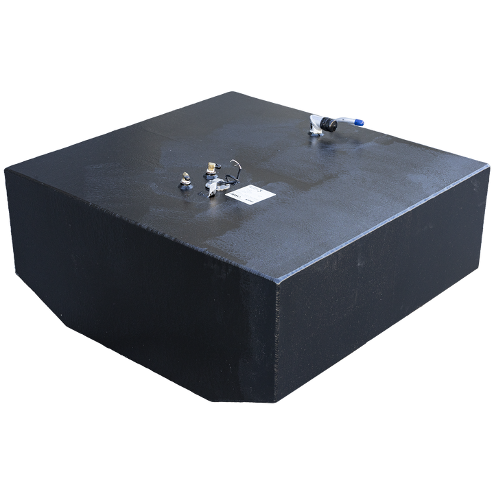 119-gallon aluminum aft fuel tank for the 2001 Grady-White 265 Express OEM replacement kit, featuring a matte black exterior and flat top panel. Topside hardware includes a blue-handled shutoff valve, two rear brass fittings, and a wiring harness looped from an installed level sender. The affixed compliance label at center confirms .190″ 5052-H32 construction, ISO 8846 and ISO 10088 certification, and 9 psi test pressure rating per 33 CFR § 183.510(a)