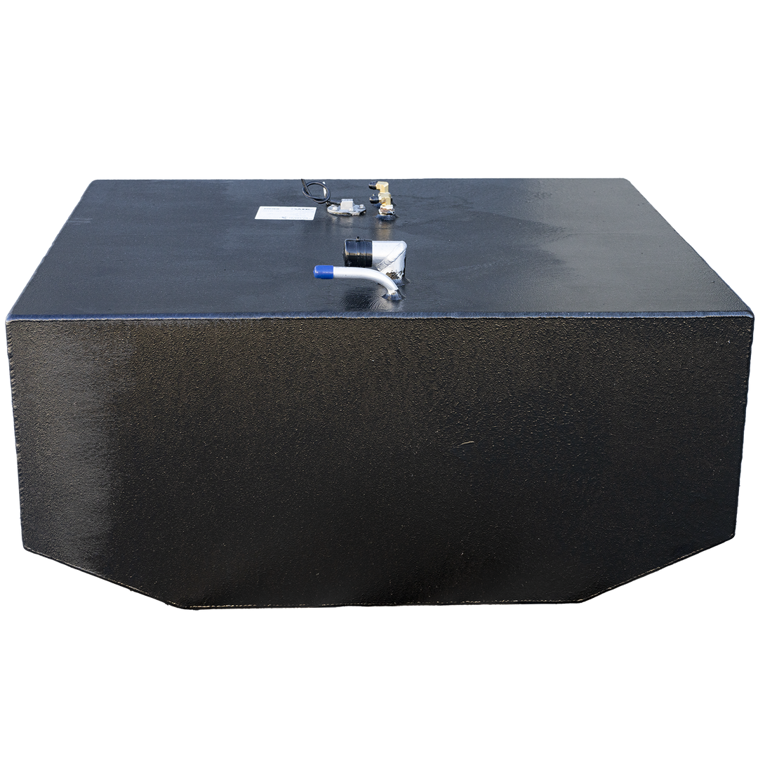 128-gallon aluminum forward fuel tank for the 2001 Grady-White 265 Express, finished in matte black with a rectangular profile. Top-mounted fittings include a capped blue-handled shutoff valve, brass return fittings, and an electrical sender unit with an attached harness. A central compliance label certifies .190″ 5052-H32 marine-grade aluminum construction and adherence to relevant ISO and CFR standards. Clean hardware arrangement ensures OEM routing compatibility and install-readiness within the vessel