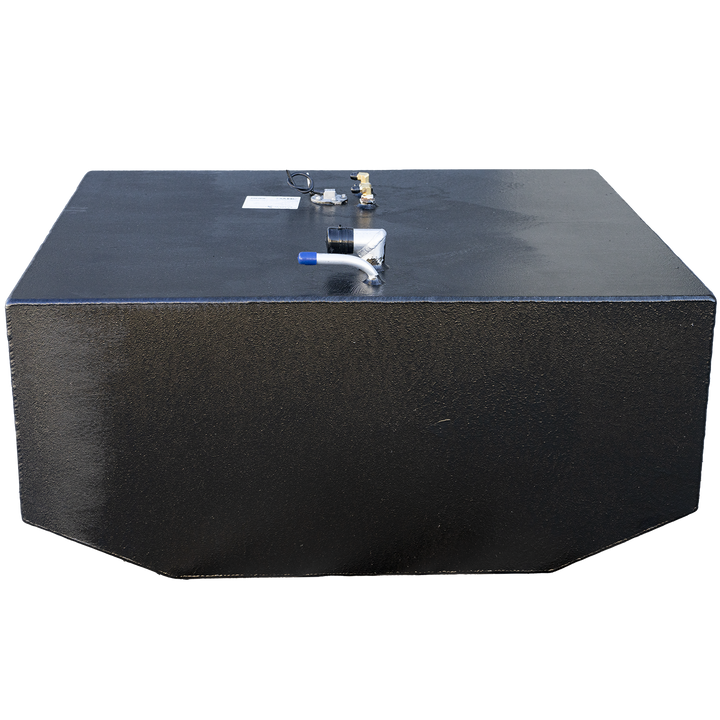 128-gallon aluminum forward fuel tank for the 2001 Grady-White 265 Express, finished in matte black with a rectangular profile. Top-mounted fittings include a capped blue-handled shutoff valve, brass return fittings, and an electrical sender unit with an attached harness. A central compliance label certifies .190″ 5052-H32 marine-grade aluminum construction and adherence to relevant ISO and CFR standards. Clean hardware arrangement ensures OEM routing compatibility and install-readiness within the vessel