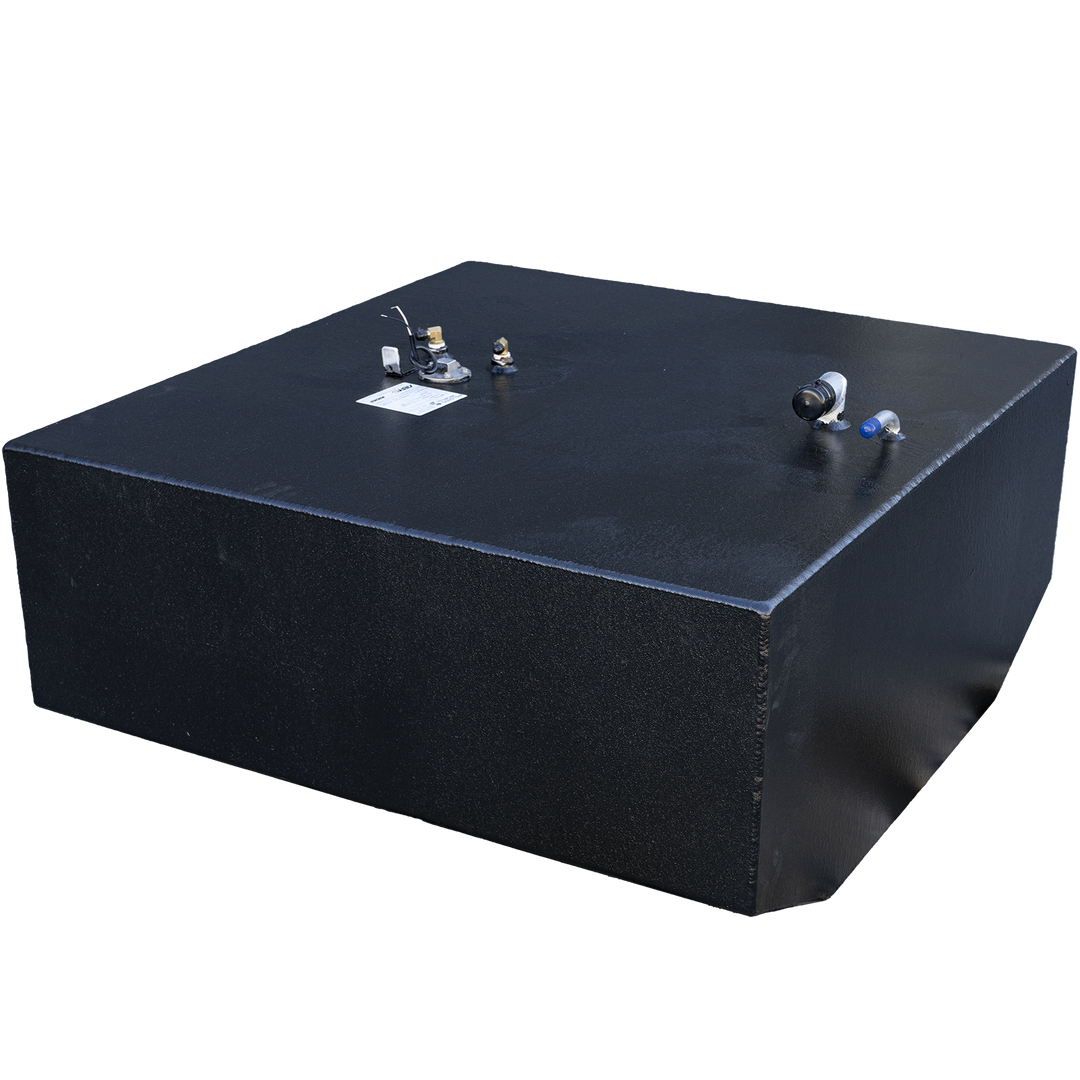 Black aluminum fuel tank configured for the 2001 Grady-White 265 Express OEM replacement kit. Top-mounted hardware includes a capped blue-handled shutoff valve at front left, two rear brass return fittings with black bases, and a centrally placed sender unit with an attached wiring harness. A white compliance label near center verifies .190″ 5052-H32 marine-grade construction and 9 psi test certification. Component layout ensures full compatibility with factory fuel routing and electrical integration