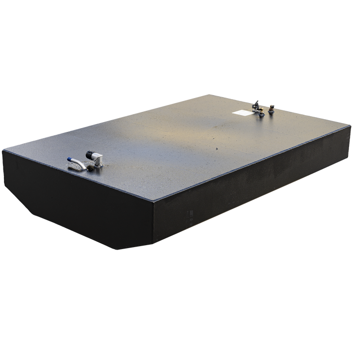 Black aluminum fuel tank configured for the 2001 Grady-White 265 Express OEM replacement kit. The top surface features a capped blue-handled shutoff valve, a small cylindrical sender component with a wire harness, and additional threaded brass fittings near a centrally placed compliance label. Matte finish enhances corrosion resistance, while the topside layout supports efficient fuel system integration and electrical connectivity. Tank geometry aligns with OEM cavity fit and routing pathways