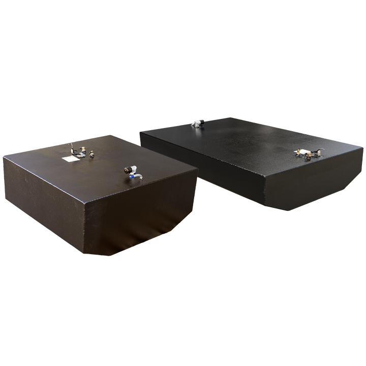 Dual aluminum fuel tanks designed for the 2001 Grady-White 265 Express, providing a combined 247-gallon capacity with a 119-gallon forward tank and 128-gallon aft tank. Both tanks feature a matte black finish and are equipped with top-mounted hardware including blue-handled shutoff valves, return/vent fittings, and centrally located sender ports. Labeling confirms marine-grade construction, corrosion resistance, and regulatory compliance. This paired layout ensures direct OEM replacement compatibility