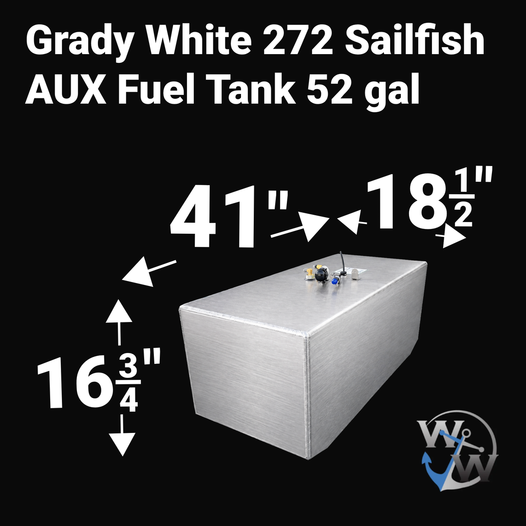 A studio product diagram displaying the exact dimension specifications for a 3D digital CAD model rendering of an unencapsulated bare aluminum Grady White 272 Sailfish AUX Fuel Tank (52 gal OEM replacement) from file image_2a3bb2.jpg, isolated against a black background. The isometric view shows the rectangular hull profile with bold white measurement arrows indicating key overall dimensions: 41 inches in length, 18 1/2 inches in width, and 16 3/4 inches in total height. Top deck hardware features a brass 9