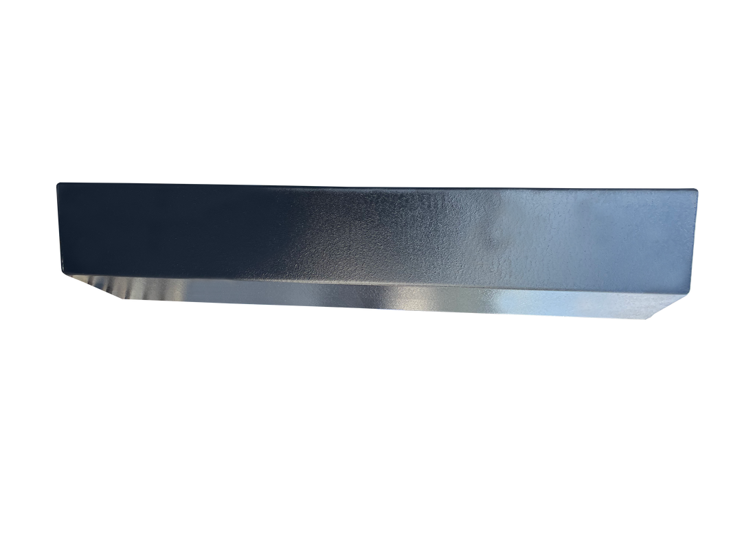 A long side profile photo of a boat fuel tank, showing its dark upper half and highly reflective, faceted bottom designed for a hull, against a transparent checkerboard background.