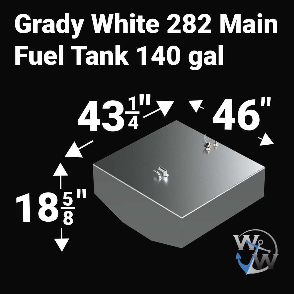 A high-angle isometric product graphic diagram of a raw aluminum Grady-White 282 Sailfish Main OEM replacement marine fuel tank from file image_f0e5a9.jpg, isolated against a black background. Large white bold text overlays detail the exact physical dimensions, specifying a 140-gallon capacity, a length of 43-1/4 inches, a width of 46 inches, and a height of 18-5/8 inches. The CAD rendering illustrates the wide rectangular tank geometry custom-engineered by Welding World to fit the boat's primary center-cav