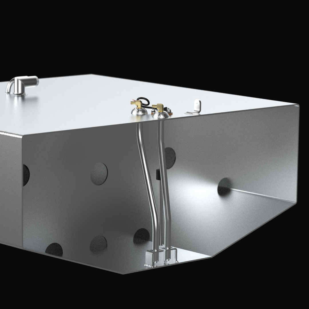 A 3D CAD cutaway cross-section view revealing the internal assembly of a Grady-White 282 Sailfish OEM replacement marine fuel tank from file image_f0e927.jpg, isolated against a black background. Precision-engineered from heavy-gauge marine-grade 5052-H32 aluminum, the internal chamber exposes perforated anti-slosh baffle plates with circular flow ports that mitigate fuel sloshing during offshore navigation. Dual internal aluminum pickup tubes extend down to a recessed floor sump foot to maximize fuel draw,