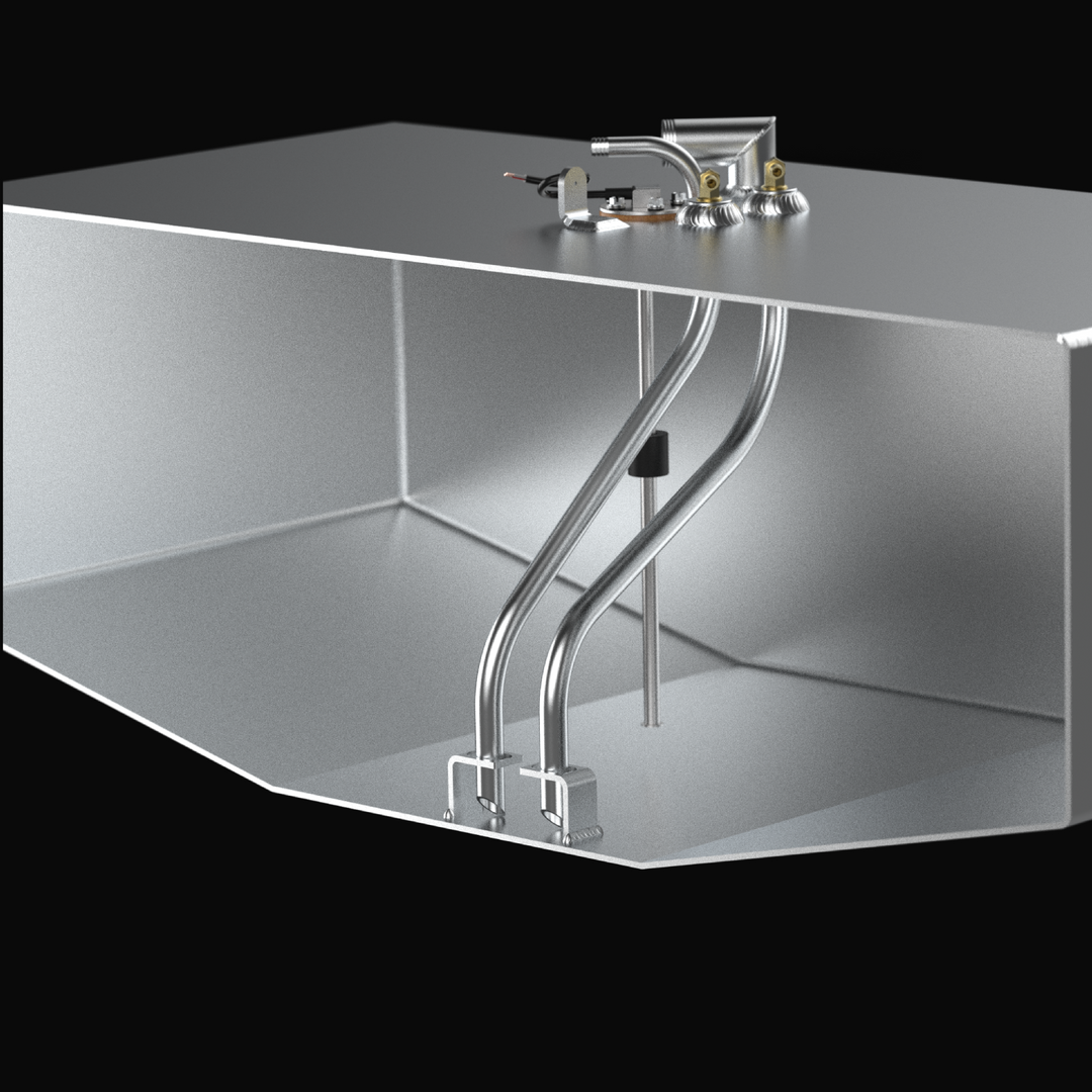 A 3D CAD cutaway cross-section view illustrating the internal component geometry of a Grady-White 282 Sailfish OEM replacement marine fuel tank from file image_f0f086.jpg, isolated against a black background. Precision-engineered from heavy-gauge marine-grade 5052-H32 aluminum, the exposed interior chamber shows dual curved aluminum fuel pickup tubes reaching down to floor sump feet in the angled V-bottom deadrise to maximize fuel extraction. A vertical electronic reed-style fuel level sending unit float ro