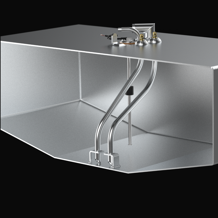 A 3D CAD cutaway cross-section view illustrating the internal component geometry of a Grady-White 282 Sailfish OEM replacement marine fuel tank from file image_f0f086.jpg, isolated against a black background. Precision-engineered from heavy-gauge marine-grade 5052-H32 aluminum, the exposed interior chamber shows dual curved aluminum fuel pickup tubes reaching down to floor sump feet in the angled V-bottom deadrise to maximize fuel extraction. A vertical electronic reed-style fuel level sending unit float ro