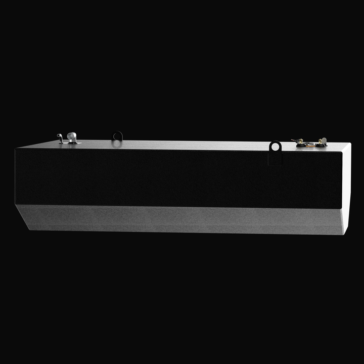 A straight-on side elevation profile view of a black high-capacity tank unit, detailing a Grady White 285 Freedom 201-gallon OEM replacement marine fuel tank. Sized for heavy-duty storage, the tank profile clearly shows the longitudinal multi-angled V-hull tapered bottom configuration designed to drop directly into the vessel's hull pocket. Masterfully constructed from heavy-gauge marine-grade 5052-H32 aluminum, it features a textured, anti-corrosive black TarGard epoxy coating on its upper body section. Th