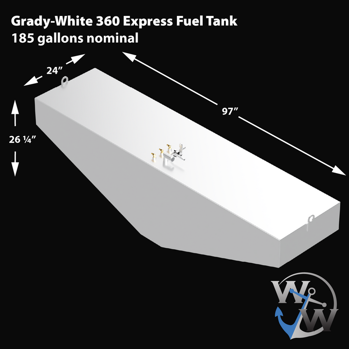 3D render of an OEM replacement fuel tank for a 2007 Grady-White 360 Express boat with a 185-gallon nominal capacity. The tank measures 97 inches in length, 24 inches in width, and 26.25 inches in height. Features include top-mounted fittings for fill, vent, sender, and pickups, along with front and rear lifting tabs. WW anchor logo is visible in the bottom right corner