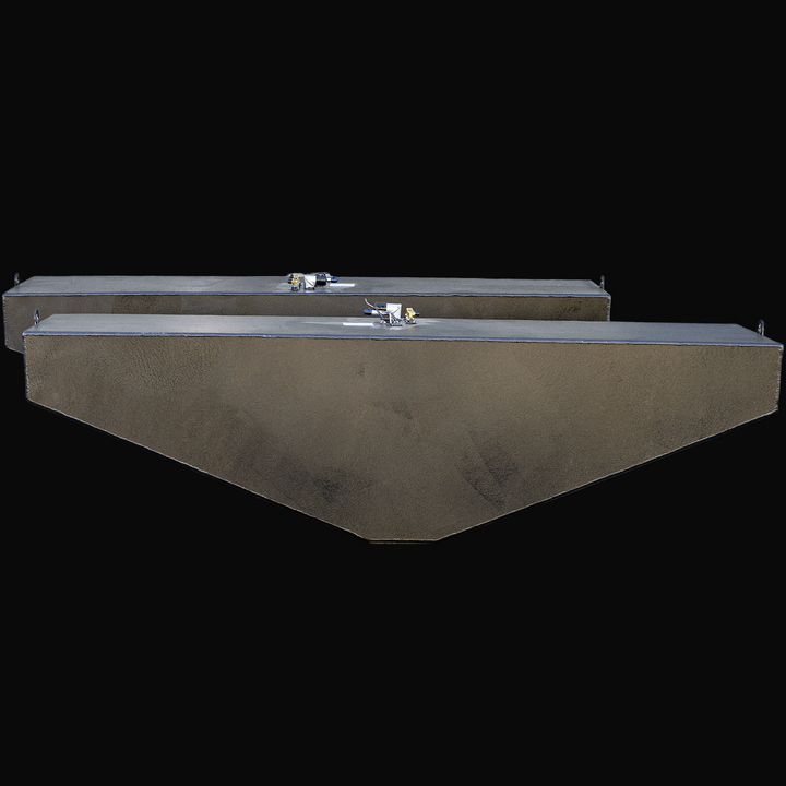 Side view of two black OEM replacement fuel tanks for a 2007 Grady-White 360 Express boat, each with a 185-gallon capacity. The tanks have a textured anti-corrosion coating and distinctive angled bottom edges for hull fit. Visible are top-mounted fittings and manufacturer labels. Transparent background included