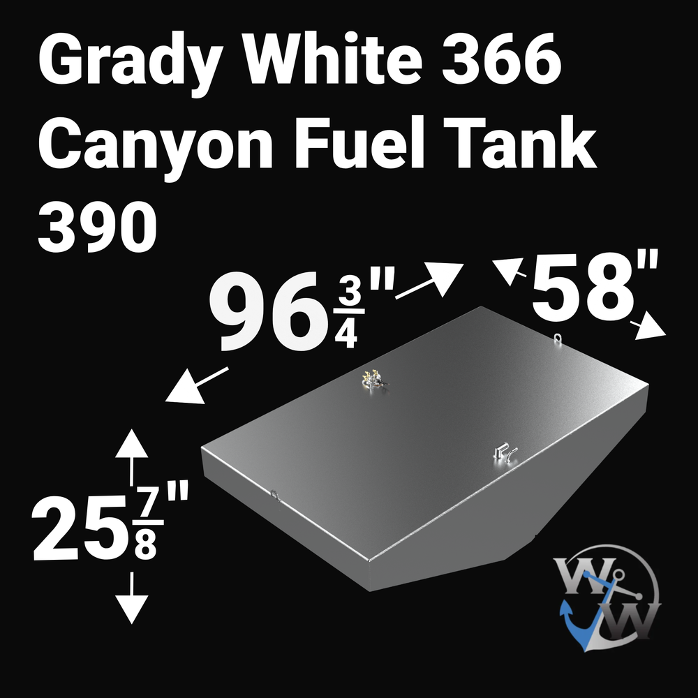 Dimensional technical diagram for a raw aluminum Grady White 366 Canyon replacement marine fuel tank featuring a high-capacity 390-gallon design. The graphic displays precise technical specifications with measurements of 96-3/4" length, 58" width, and 25-7/8" height, showcasing a deep V-hull tapered bottom configuration designed to match the vessel's hull contour. The top deck displays an unsealed variant layout complete with a forward 90-degree fuel fill pipe, an integrated vent line connection, a center-t