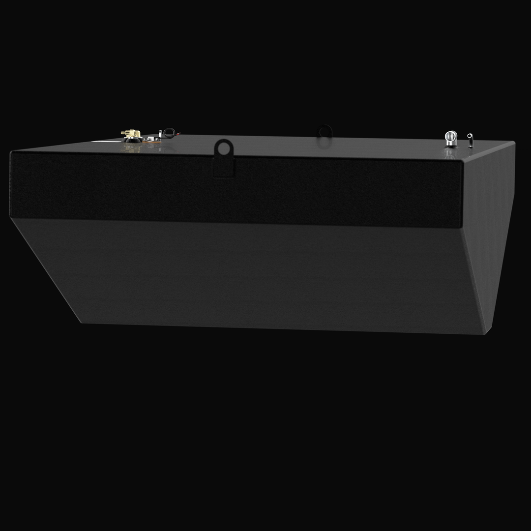 A low-angle front perspective rendering of a black single-tank assembly, emphasizing the deep hull-conforming underside of a Grady White 366 Canyon 390-gallon OEM replacement marine fuel tank. The heavy-duty tank features a deep, multi-angled V-hull tapered bottom configuration designed to seat perfectly within the center console stringer layout. It is masterfully constructed from heavy-gauge marine-grade 5052-H32 aluminum and fully sealed in a textured, anti-corrosive black TarGard epoxy coating. The top d