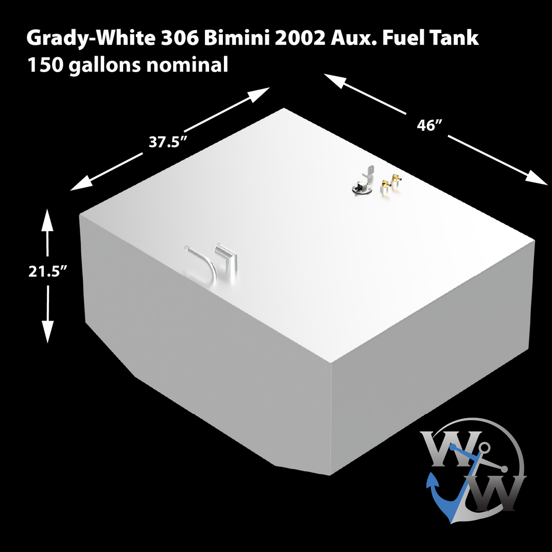 Grady-White 306 Bimini 2002 Aux. Fuel Tank, 150 gallons nominal. The image shows a light grey, rectangular fuel tank with one angled corner. Dimensions are indicated as 37.5 inches wide, 46 inches long, and 21.5 inches high. The top surface features various fittings, including golden-colored valves, a circular cap, and an L-shaped pipe. A "W W" logo with an anchor is present in the bottom right corner
