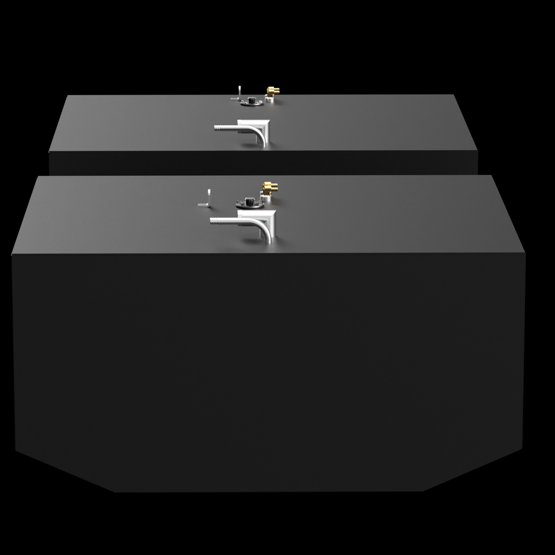 Two rectangular, dark grey fuel tanks, each with various golden and silver-colored fittings on their top surfaces, including pipes and valves. The tanks are viewed from a front-facing, slightly elevated perspective against a black background with subtle white dots. The tank in the foreground has angled bottom corners, while the background tank appears to be a simple rectangular block