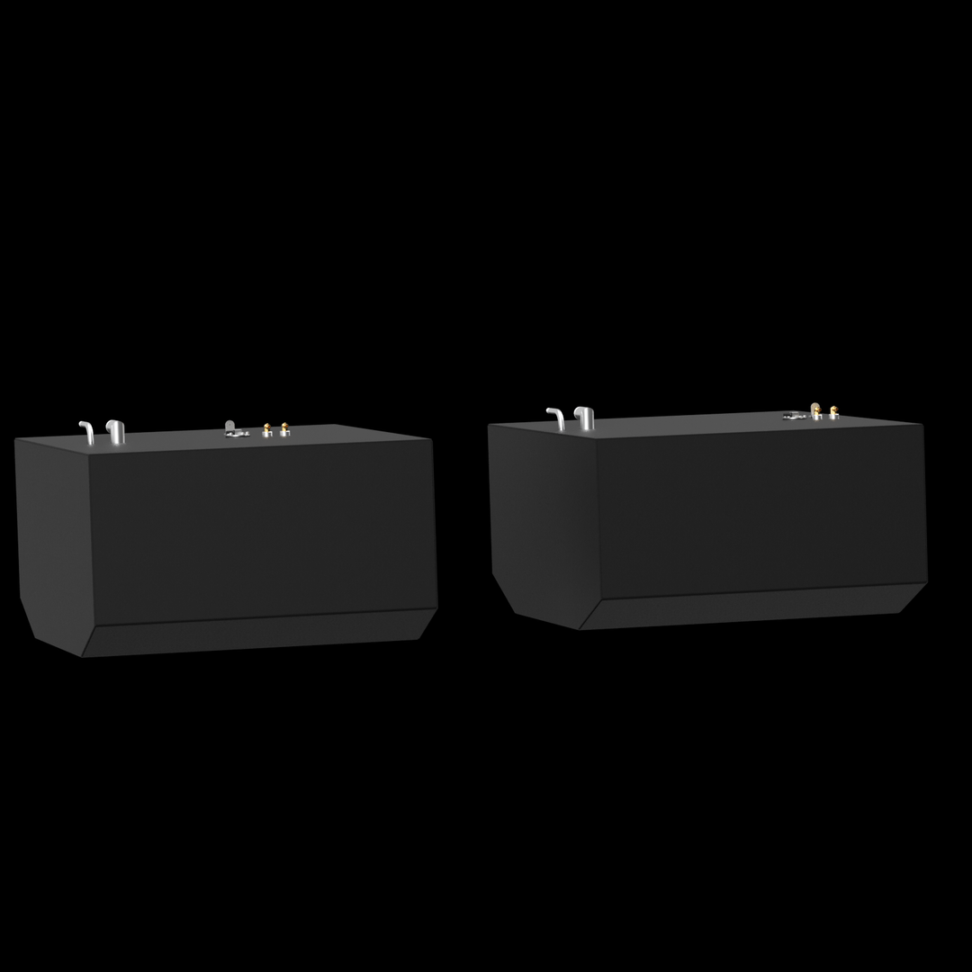 Two dark grey, rectangular fuel tanks are shown from an elevated perspective against a black background with subtle white dots. Both tanks feature golden and silver-colored fittings on their top surfaces, including pipes and valves. The tanks have angled bottom corners