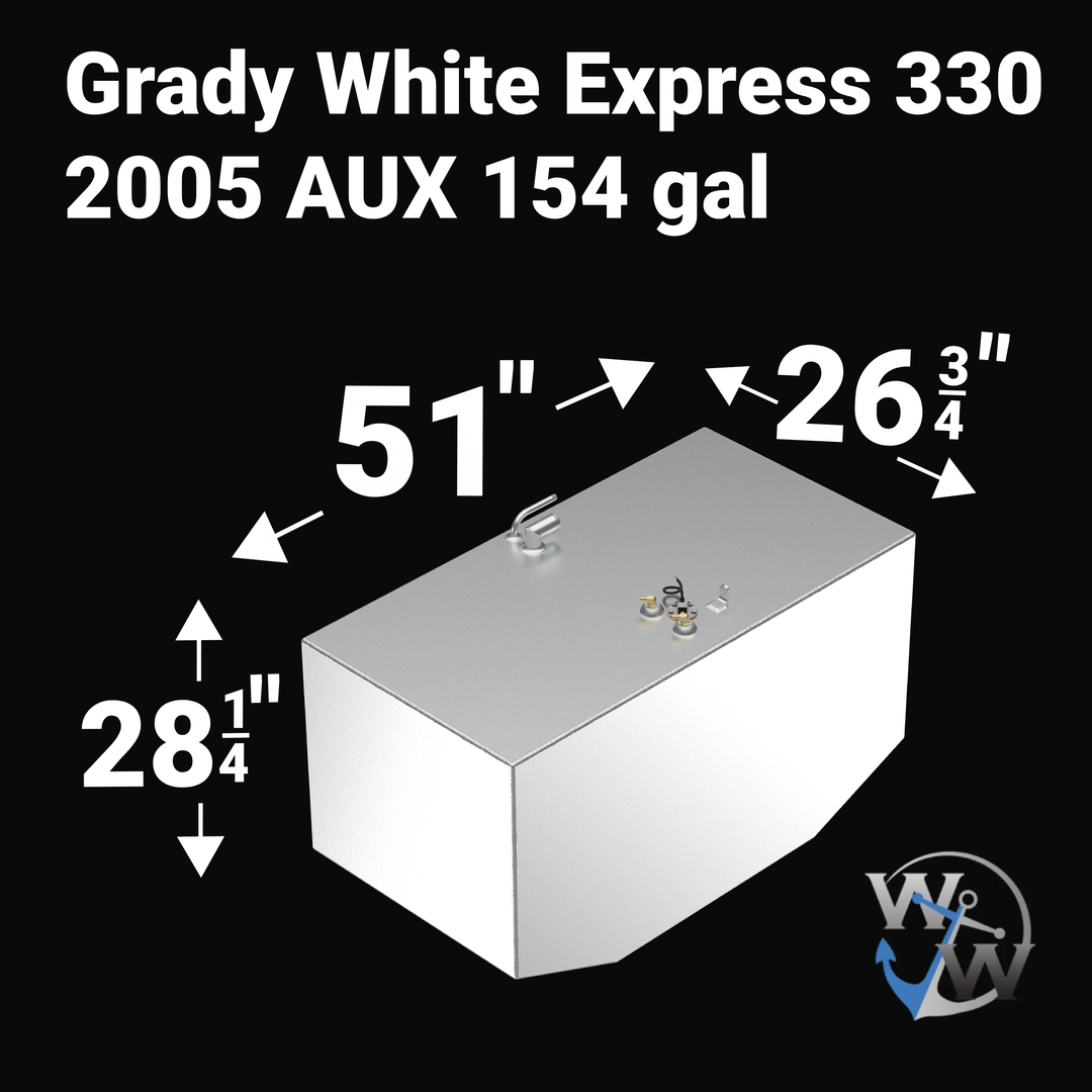 Dimensional diagram for a 154-gallon auxiliary (AUX) OEM replacement fuel tank for a 2005 Grady White Express 330, featuring technical measurements: 51" length, 26 3/4" width, and 28 1/4" height with a custom V-bottom hull profile.