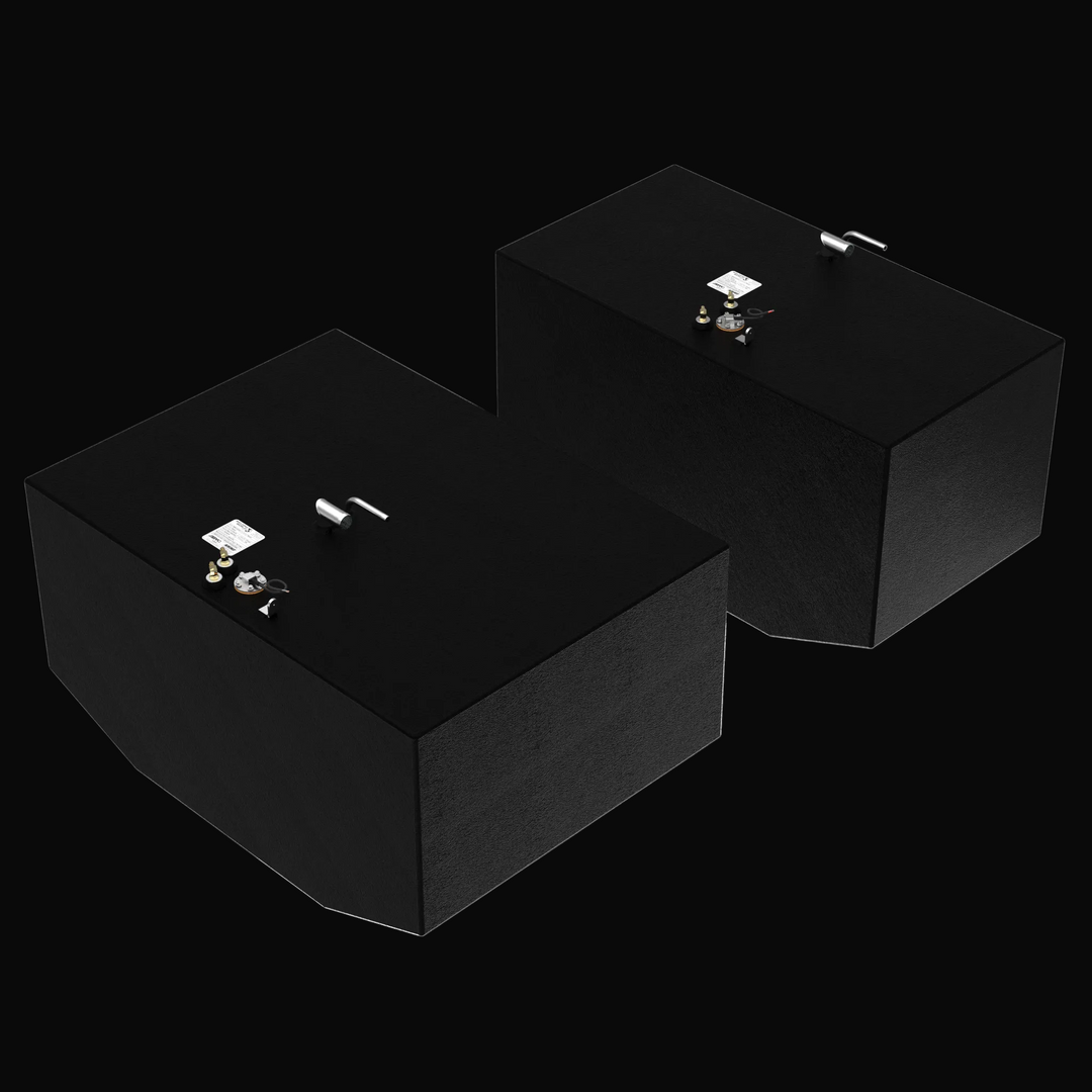 Isometric 3D rendering of the OEM replacement fuel tank combo for a 2005 Grady White Express 330, featuring the 196-gallon main and 154-gallon auxiliary tanks with a protective coal-tar epoxy finish and V-bottom hull-contoured design.