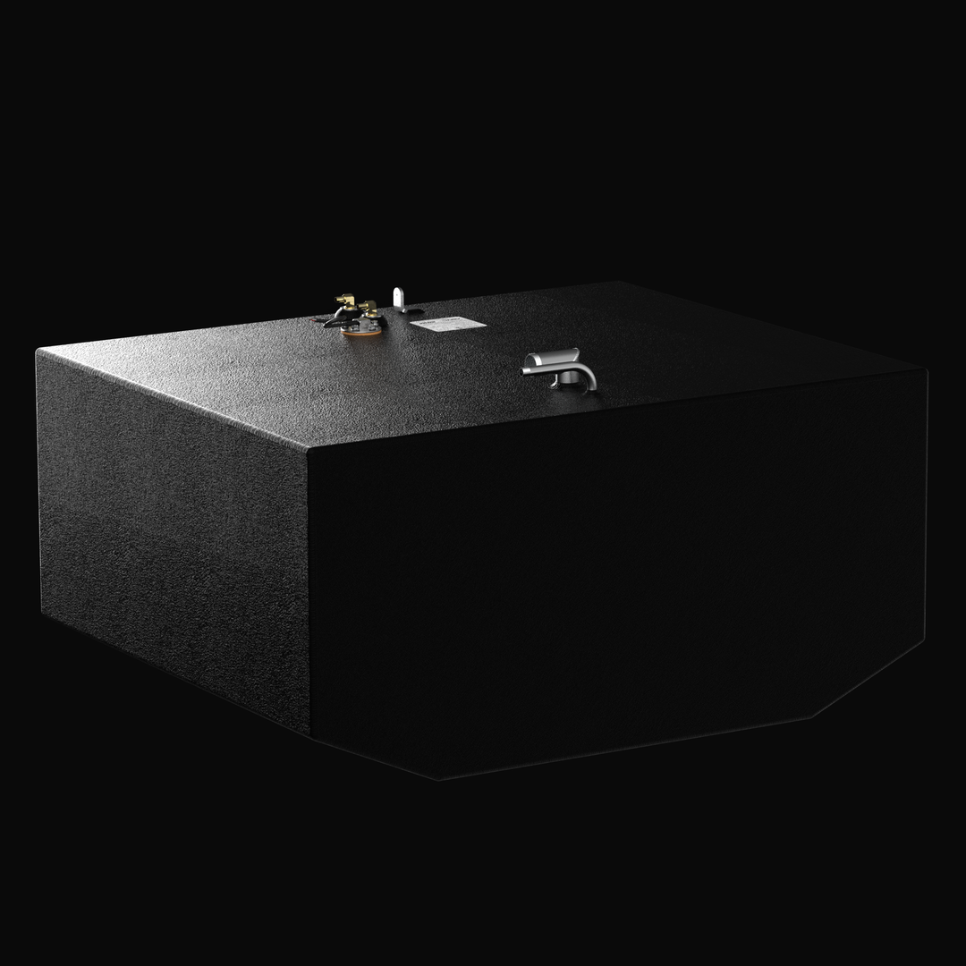 Isometric 3D rendering of a 149-gallon auxiliary OEM replacement fuel tank for a 2006 Grady-White Marlin 300, featuring a corrosion-resistant coal-tar epoxy finish, precision V-bottom profile, and top-mounted rigging hardware.