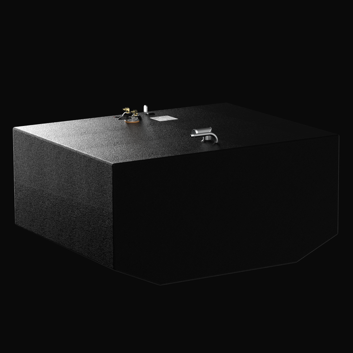 Isometric 3D rendering of a 149-gallon auxiliary OEM replacement fuel tank for a 2006 Grady-White Marlin 300, featuring a corrosion-resistant coal-tar epoxy finish, precision V-bottom profile, and top-mounted rigging hardware.