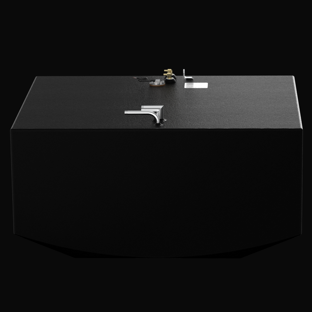 Front-profile 3D rendering of a 149-gallon auxiliary OEM replacement fuel tank for a 2006 Grady-White Marlin 300, showcasing the precision V-bottom hull profile, textured coal-tar epoxy finish, and top-mounted fuel sending unit with rigging hardware.