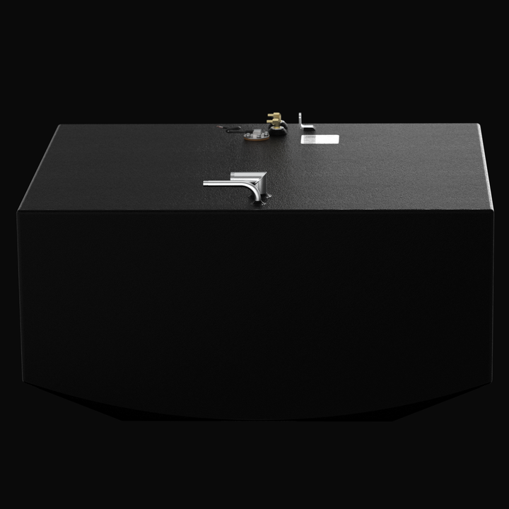 Front-profile 3D rendering of a 149-gallon auxiliary OEM replacement fuel tank for a 2006 Grady-White Marlin 300, showcasing the precision V-bottom hull profile, textured coal-tar epoxy finish, and top-mounted fuel sending unit with rigging hardware.