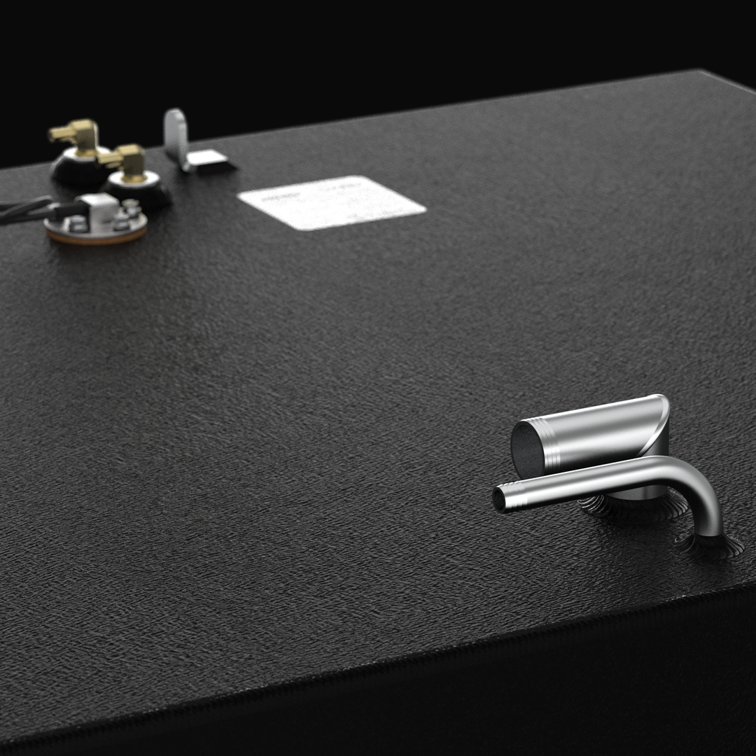 Detailed close-up 3D rendering of the fuel fill and vent assembly on a Grady-White Marlin 300 fuel tank, showcasing high-grade stainless steel fittings, professional TIG welds, and a textured coal-tar epoxy corrosion-resistant coating.