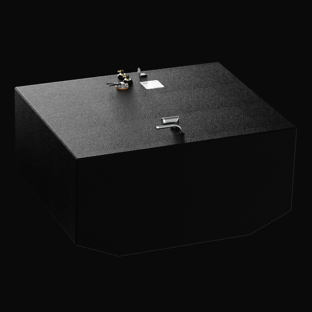 Isometric 3D rendering of a 155-gallon main OEM replacement fuel tank for a 2006 Grady-White Marlin 300, featuring a corrosion-resistant coal-tar epoxy finish, integrated V-bottom hull profile, and top-mounted rigging hardware.