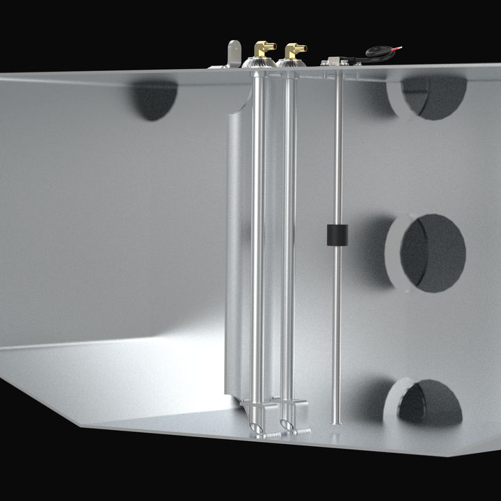 Internal cross-section 3D rendering of a Grady-White Marlin 300 replacement fuel tank, showcasing the heavy-duty aluminum baffles, dual fuel pickup tubes with anti-siphon protection, and precision-mounted reed-style sending unit.