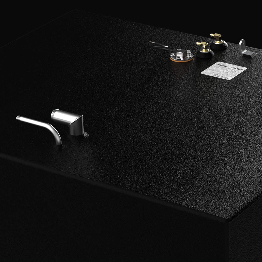 High-detail 3D rendering of the top rigging surface on a Grady-White Marlin 300 fuel tank, highlighting the textured coal-tar epoxy coating, stainless steel fuel fills, brass fittings, and ABYC-compliant safety labeling.