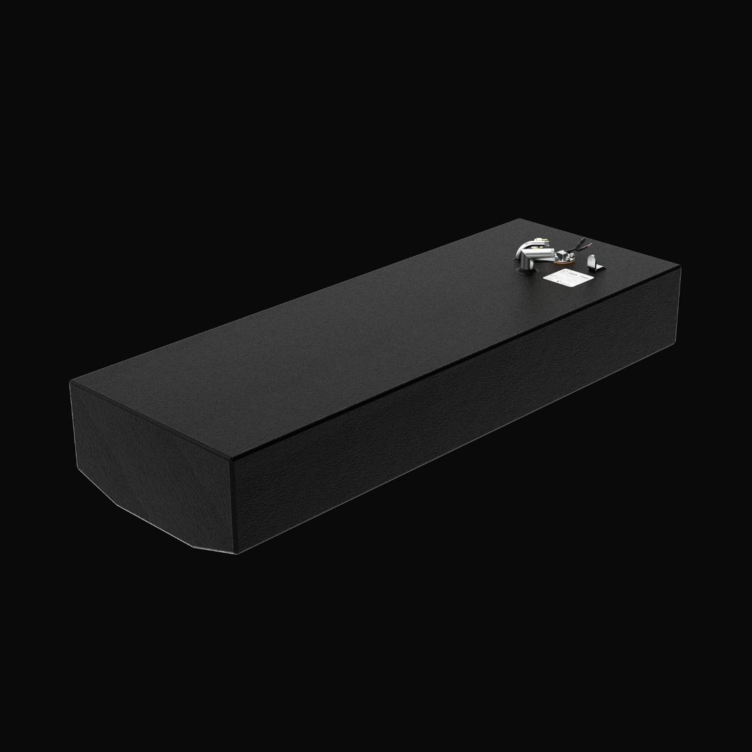A studio isometric perspective view of a physical, finished black encapsulated Grady-White Overnighter 20 OEM replacement marine fuel tank (65 gal) from file image_551b3b.jpg, isolated against a black background. Precision-fabricated from heavy-gauge marine-grade 5052-H32 aluminum, the long rectangular cell features a tapered V-bottom deadrise designed to fit models ranging from 204-C, 205, 206, to 206-C (1975–1992). The entire structure is fully encapsulated in a protective, textured black TarGard epoxy co