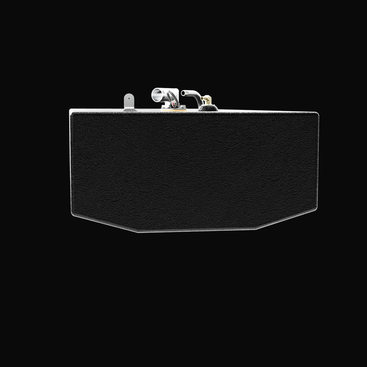A studio front cross-section elevation view of a physical, finished black encapsulated Grady-White Overnighter 20 OEM replacement marine fuel tank (65 gal) from file image_5513f7.jpg, isolated against a black background. Precision-fabricated from heavy-gauge marine-grade 5052-H32 aluminum, the end profile showcases the tapered V-bottom deadrise angle engineered to sit flush within the bilge cavity of models ranging from 204-C, 205, 206, to 206-C (1975–1992). The body is fully encapsulated in a protective, t