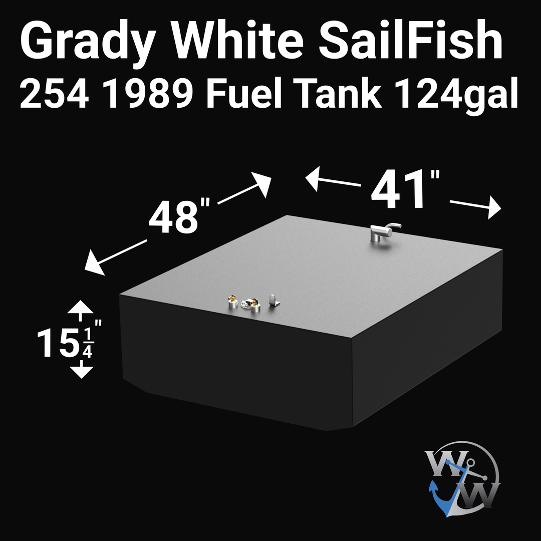 Labeled 3D rendering of a 124-gallon fuel tank for the 1989 Grady White SailFish 254 boat. The tank is matte black with sharp corners and includes fittings for fuel fill, vent, and sending unit. Dimensions are clearly marked: 48 inches in length, 41 inches in width, and 15¼ inches in height. The tank has a chamfered front edge and features the WW anchor logo in the bottom-right corner.