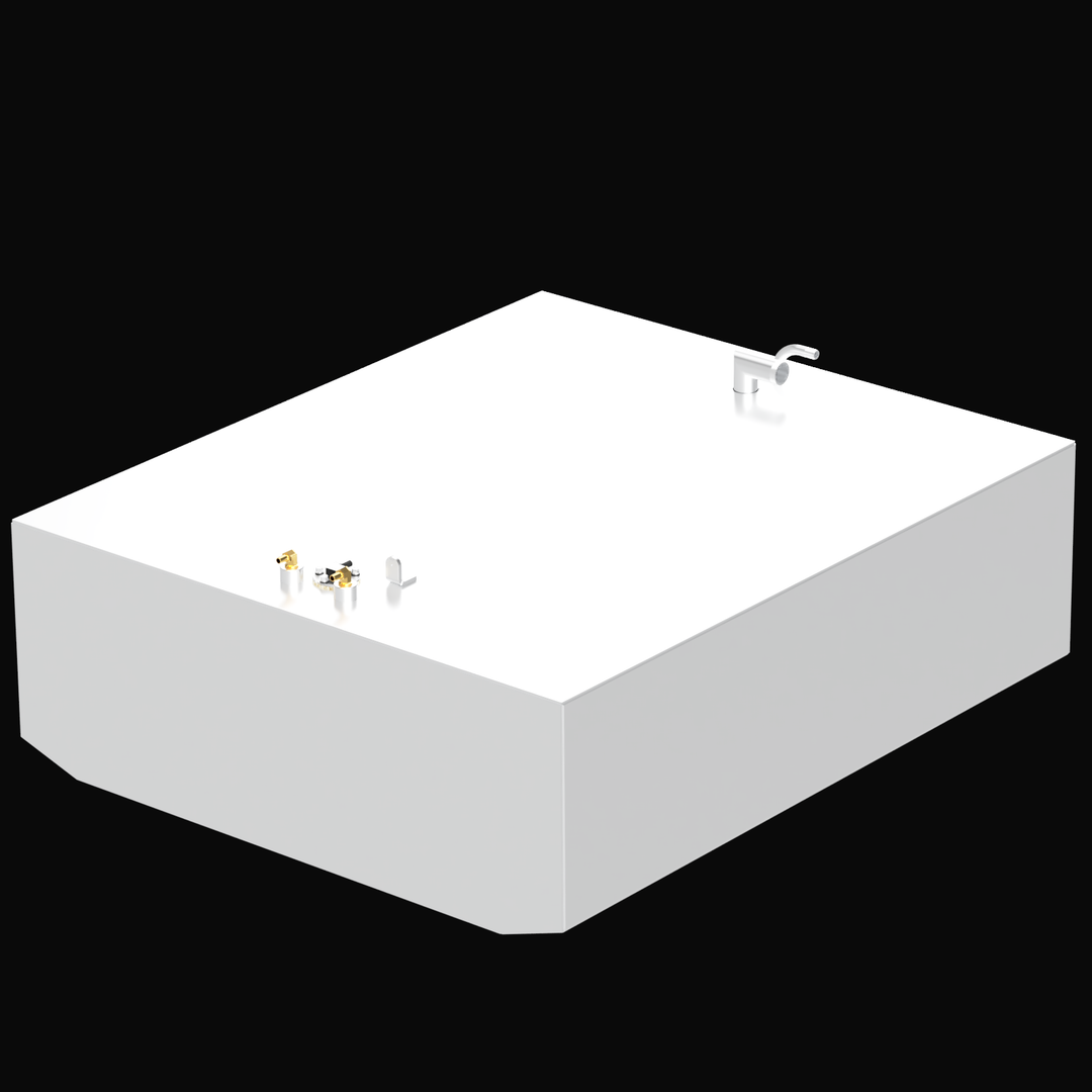 3D rendering of a 124-gallon marine fuel tank for a 1989 Grady White SailFish 254 boat. The tank is white with a beveled front edge and includes aluminum and brass fittings for fuel fill, vent, and sending unit. The tank surface is clean and reflective, with no labels or dimensions shown.