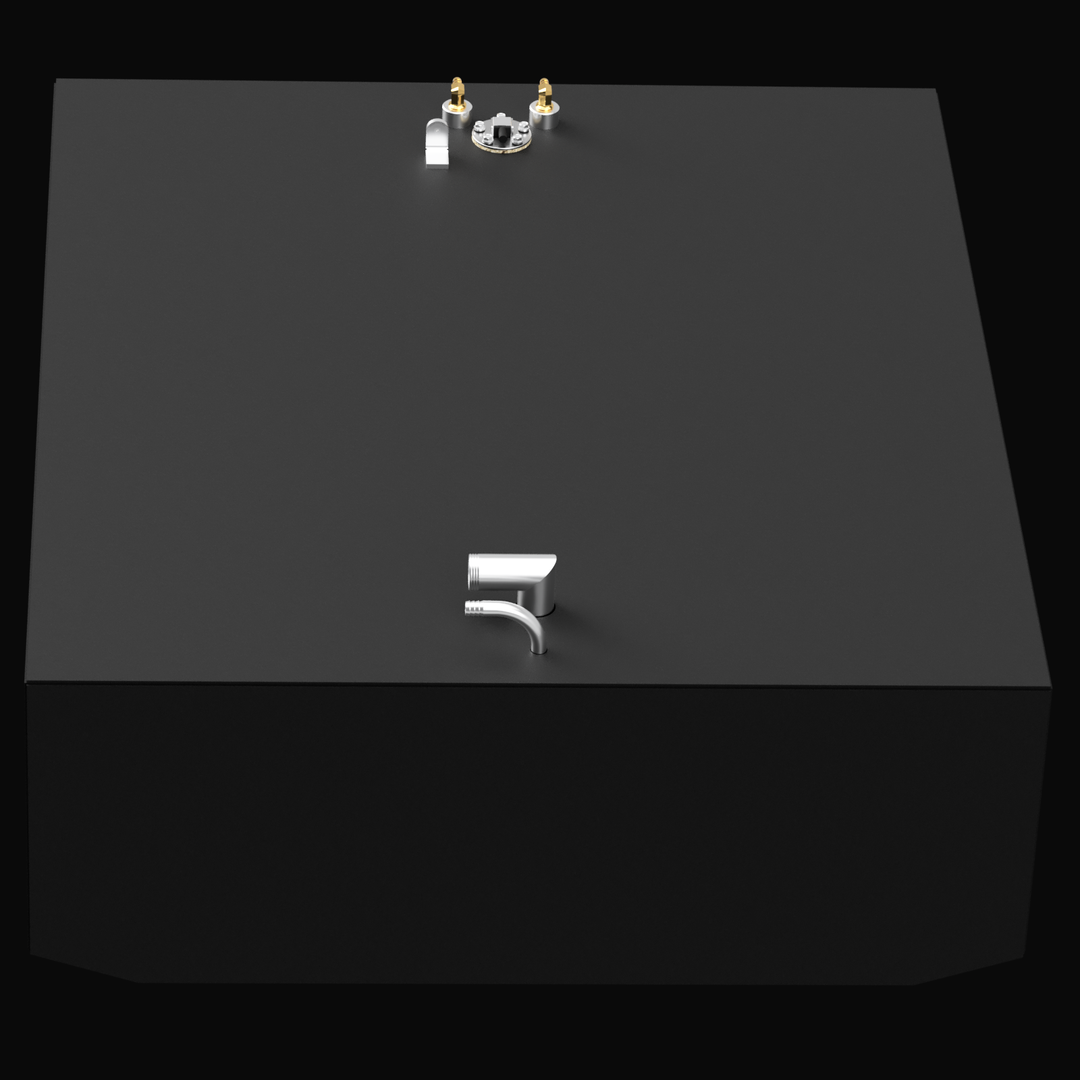 Top-down view of a matte black 124-gallon marine fuel tank designed for the 1989 Grady White SailFish 254. The tank features fittings for fuel fill, vent, and sending unit located near the top and bottom edges, with brass and silver components arranged symmetrically. The overall shape is rectangular with clean, flat surfaces and no mounting brackets visible.