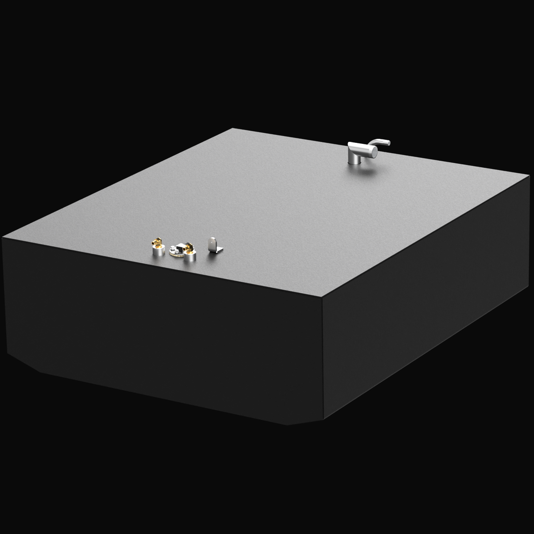 3D rendering of a 124-gallon fuel tank designed for the 1989 Grady White SailFish 254 boat. The tank is shown in matte black with chamfered front corners. It includes fittings for the fuel fill, fuel vent, and sending unit. The rendering highlights a minimalistic industrial design with clean edges and a visible mounting tab near the fittings.