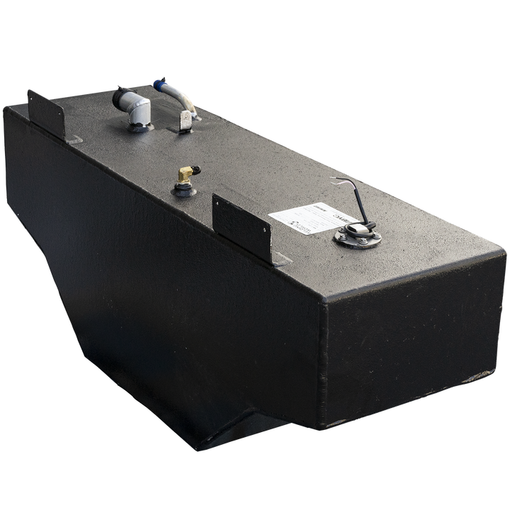 A black, textured fuel tank with an irregular shape, including an angled bottom section on one side and a rectangular cutout. The top surface of the tank features various fittings: a curved pipe with a blue cap, a cylindrical vent, a brass elbow, a flat mounting bracket, a circular fuel level sender with exposed wires and a white label, and another flat mounting bracket