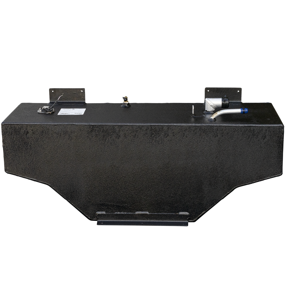 A black, textured fuel tank with an irregular shape, featuring sloped bottom edges and a long, flat mounting strip along the bottom. The top surface is equipped with various marine fittings: a circular fuel level sender with wires and a white label, two L-shaped mounting brackets, a small cylindrical fitting, a brass elbow, and a larger angled fitting with a black cap and a curved tube with a blue tip