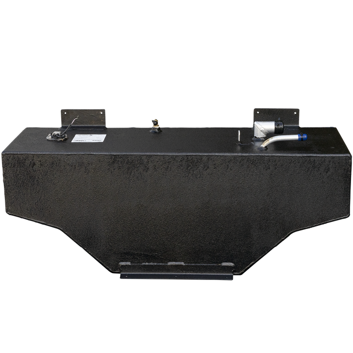 A black, textured fuel tank with an irregular shape, featuring sloped bottom edges and a long, flat mounting strip along the bottom. The top surface is equipped with various marine fittings: a circular fuel level sender with wires and a white label, two L-shaped mounting brackets, a small cylindrical fitting, a brass elbow, and a larger angled fitting with a black cap and a curved tube with a blue tip