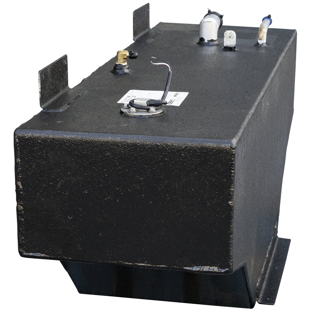 A black, textured fuel tank with an irregular shape, featuring an angled bottom section on one side and a rectangular cutout with a vertical support bracket. The top surface of the tank is equipped with various marine fittings, including two L-shaped mounting brackets, a brass elbow, a cylindrical vent, a curved pipe with a blue cap, and a circular fuel level sending unit with exposed wires and a small white label